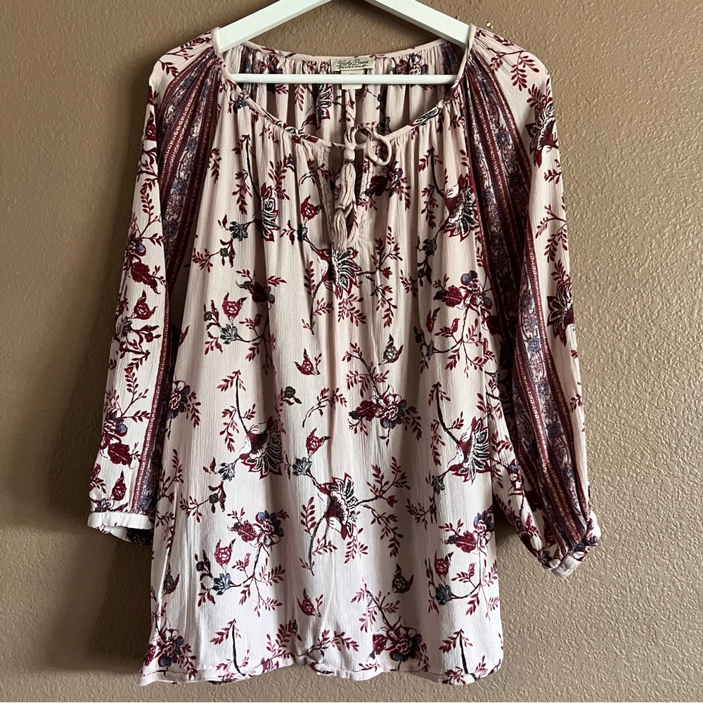 Lucky Brand Light Pink Front Tie Floral Boho Blouse Size 2X